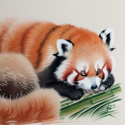 Red Panda Cubs Play in Bamboo Forest - Sumi-e Style