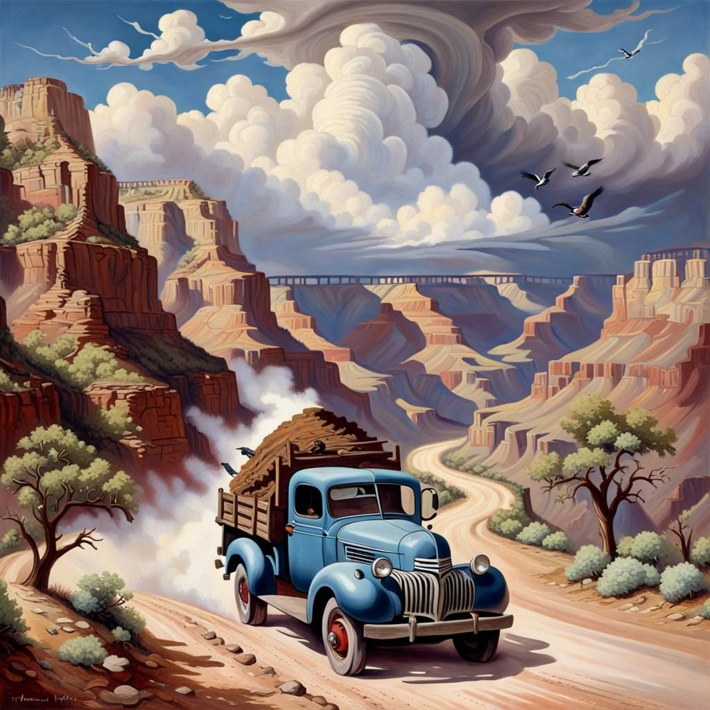 Antique Truck Grand Canyon Landscape in Regionalist Style