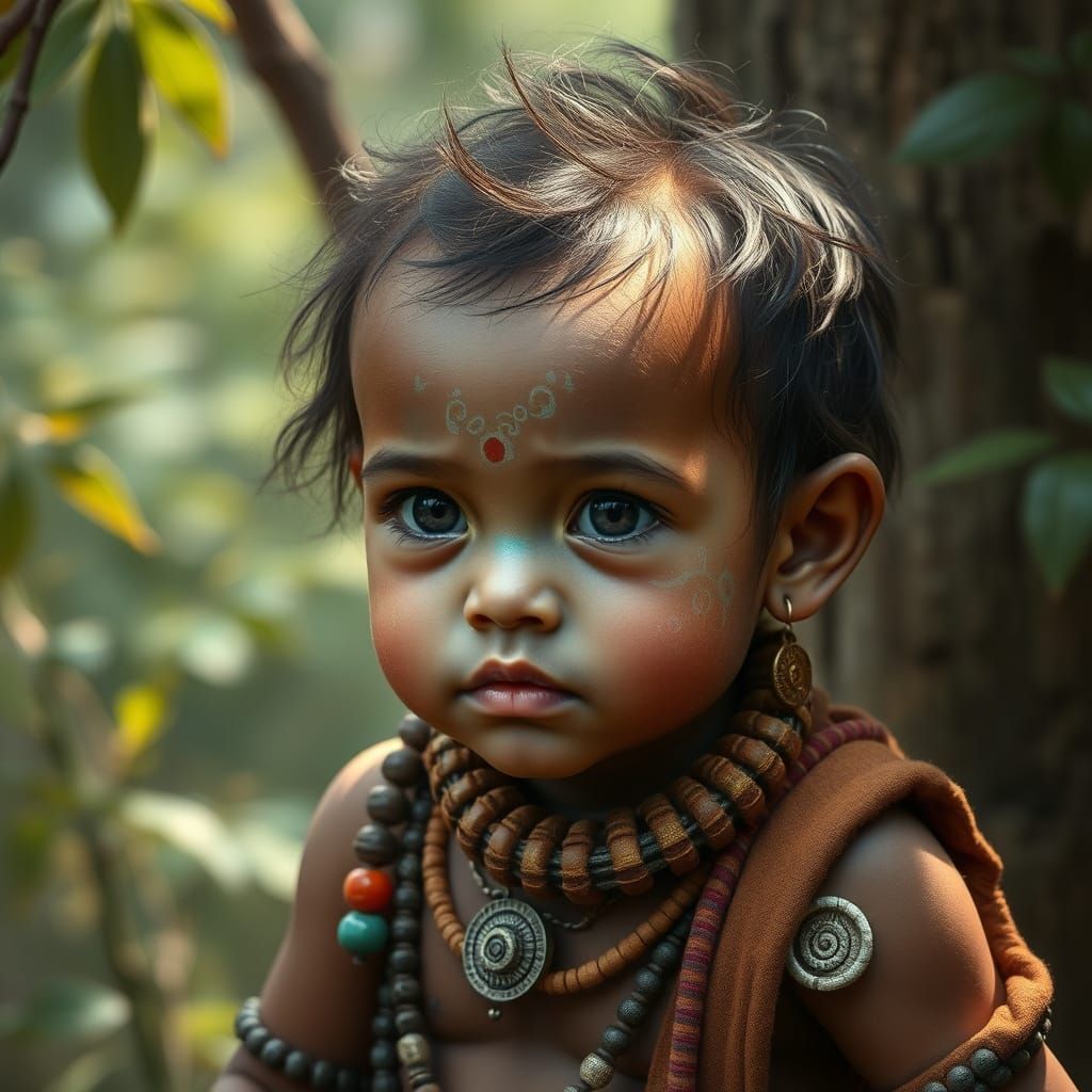 Mystical Child in Nature, Primitive Art Style