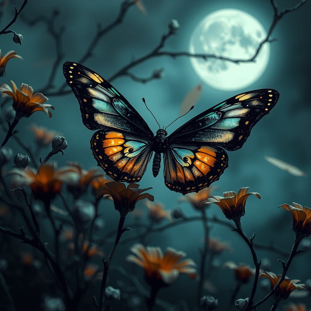 Mystical Moonlit Butterfly in a Haunting Garden Scene