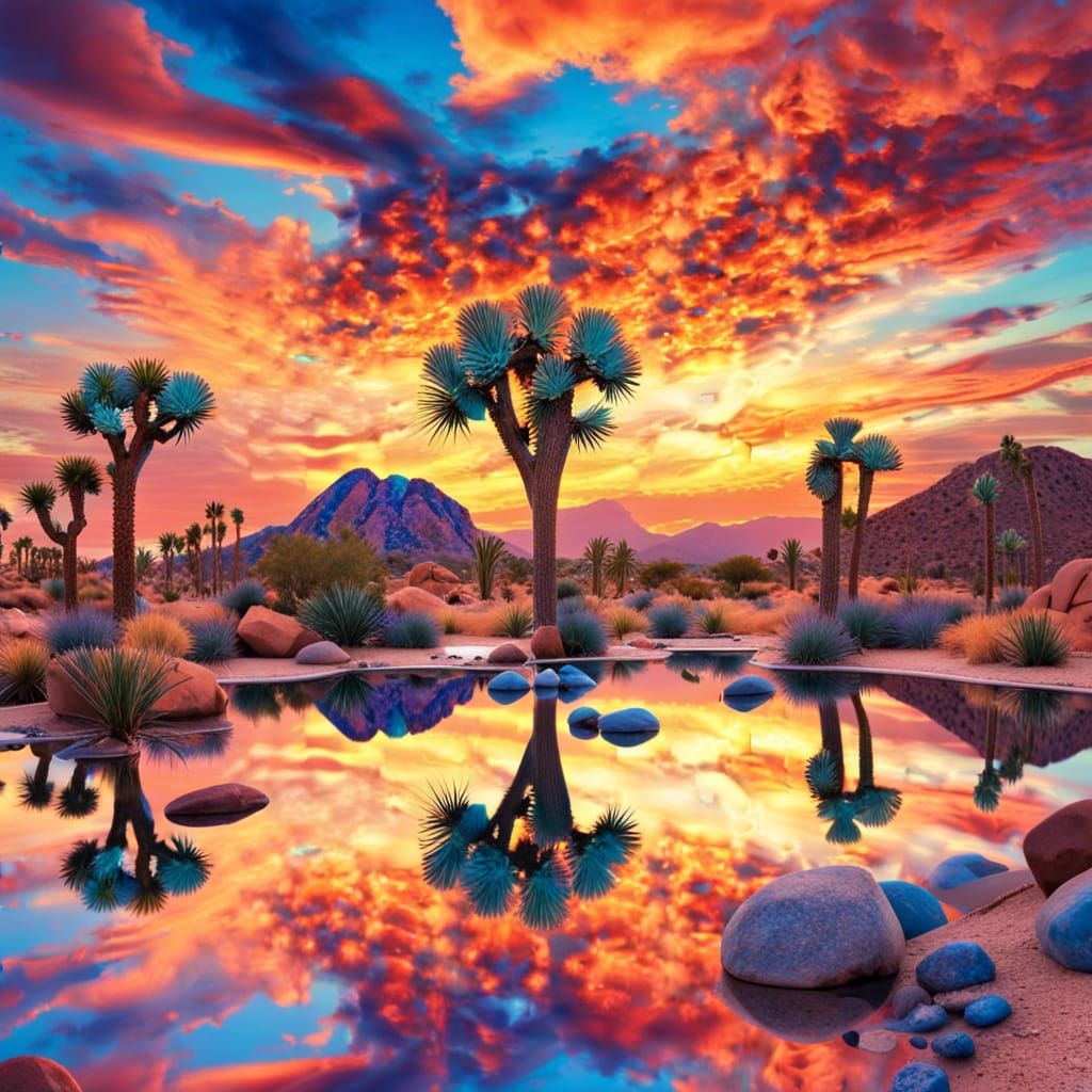 Desert Oasis Sunset in Astral Holographic Style