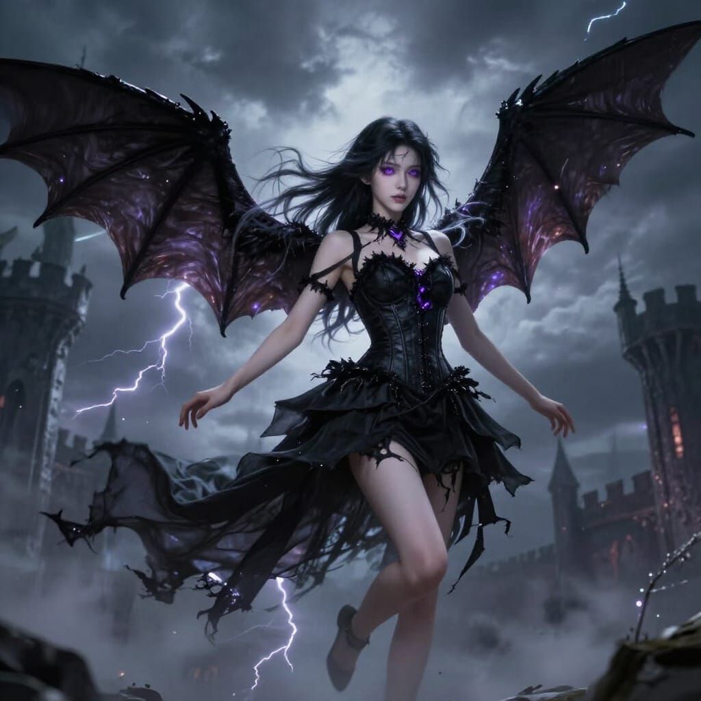 Gothic Vampire Woman in Flight Over Stormy Castle