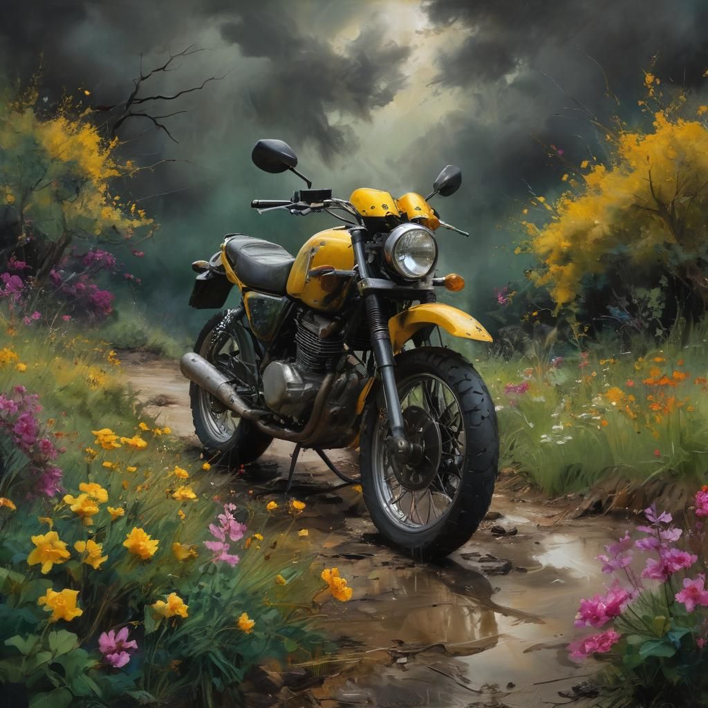 Vibrant Abstract Expressionist Motorcycle Landscape
