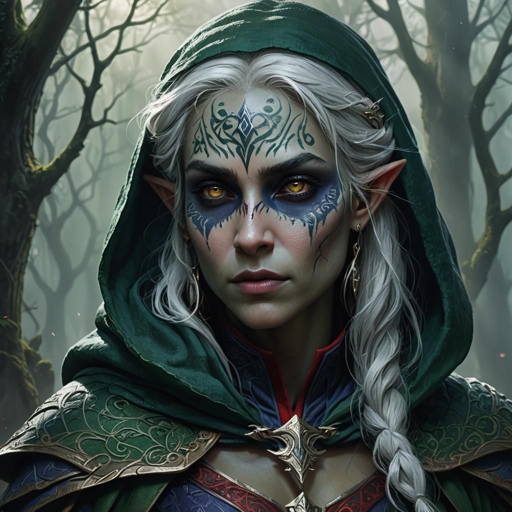 Mystical Drow Elf in Emerald Hues