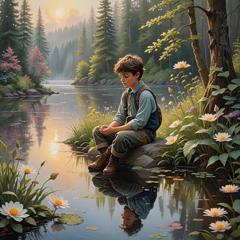 Boy with Luminous Flower in Gouache Painting