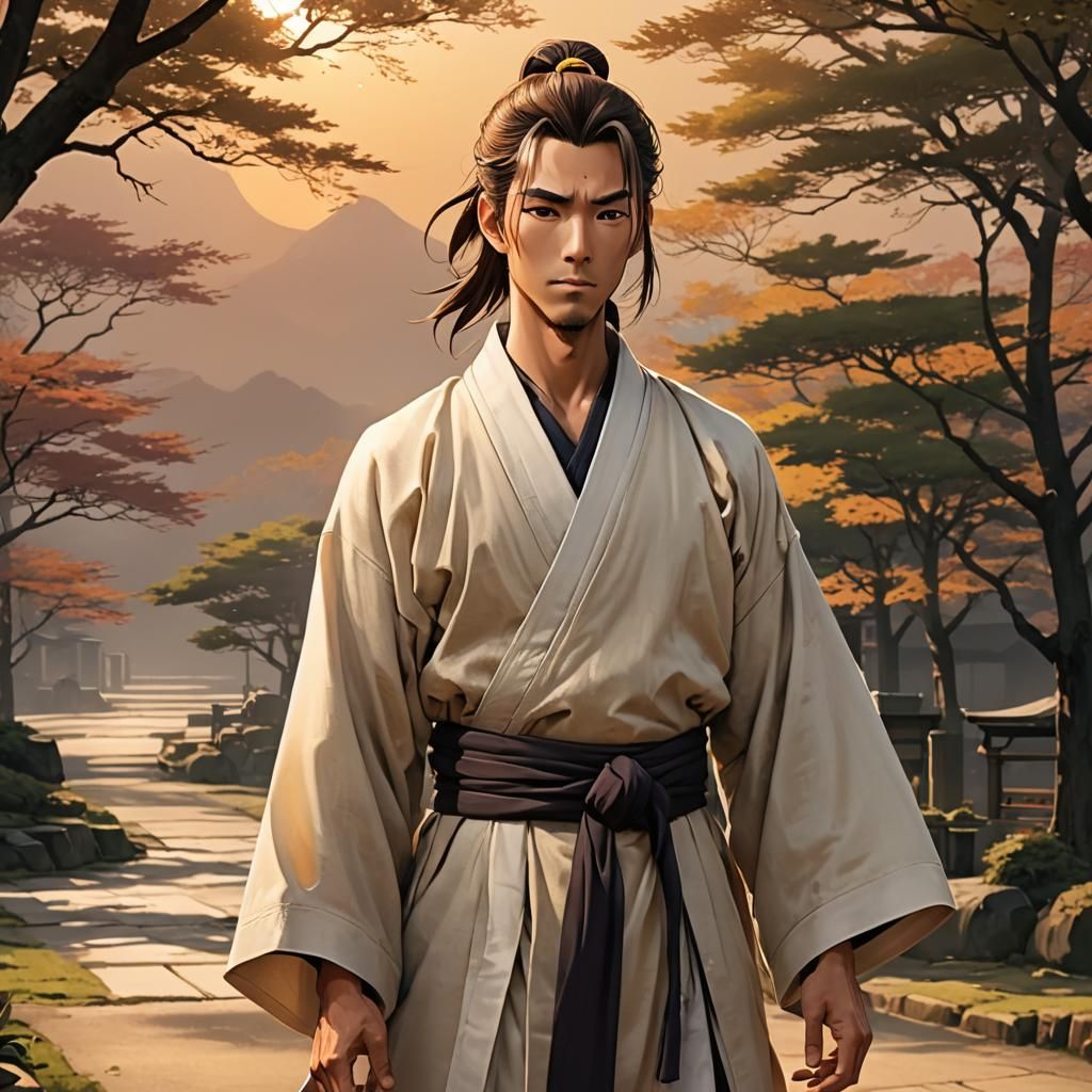 Anime Man with Ponytail in Japanese Clothing