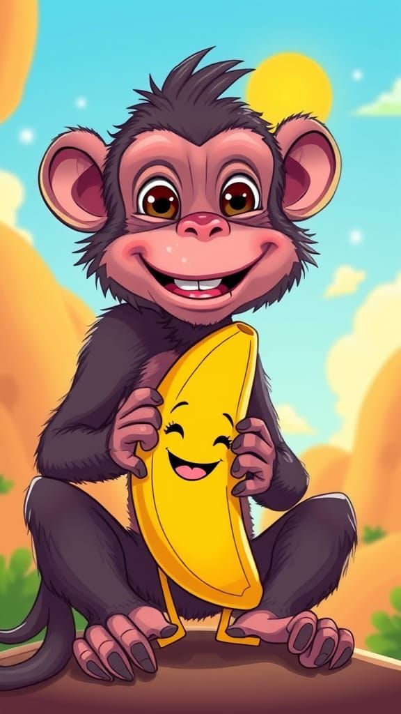 Happy Monkey Poses with Smiling Banana, Vibrant Art Style