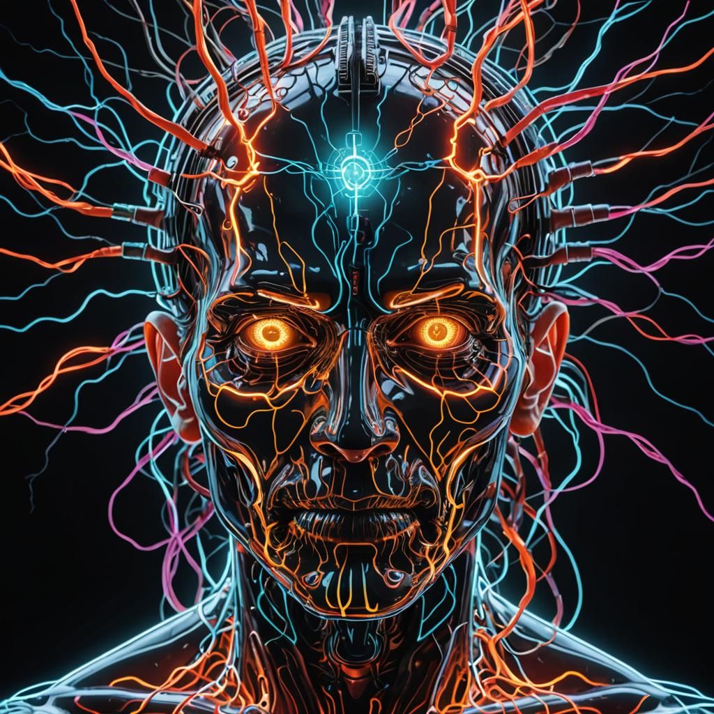 Surreal Head with Bioluminescent Neural Pathways