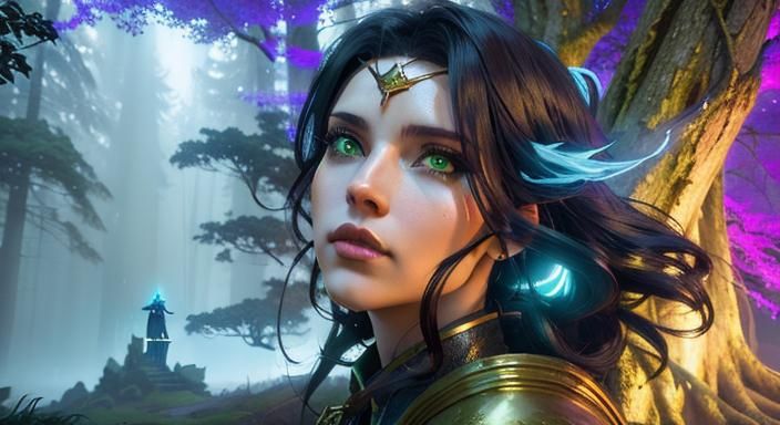 Heroic Woman Warrior in Dark Fantasy Landscape