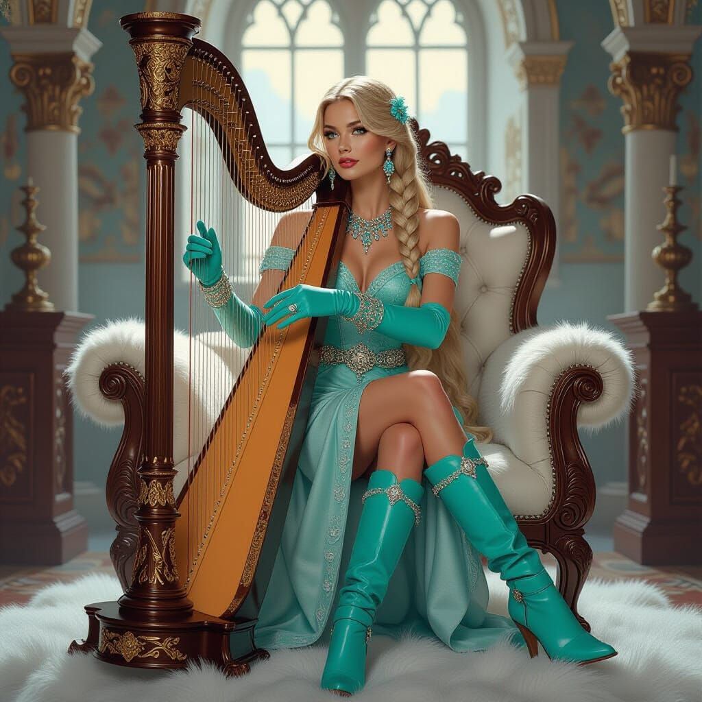 Woman Playing Harp in Castle Tower, Art Nouveau Style