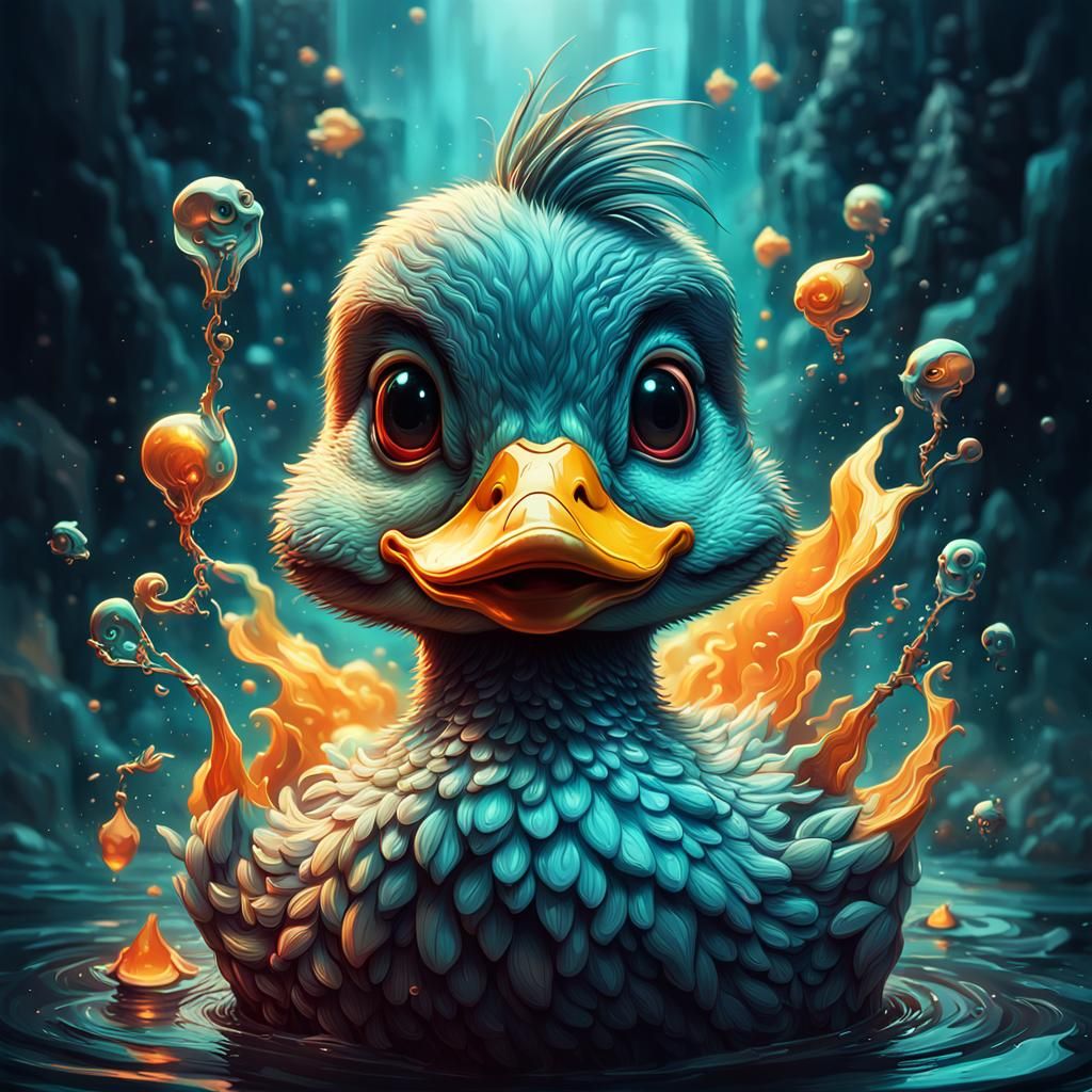 "stunning image of a cute adorable wacky duck, moody, grainy...