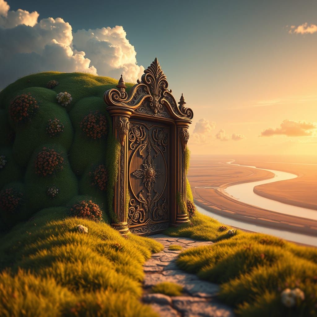 Majestic Door in Serene Landscape with Vibrant Grass and Win...