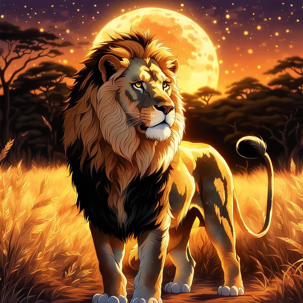 Golden Lion in Sparkling Savannah: Anime Style