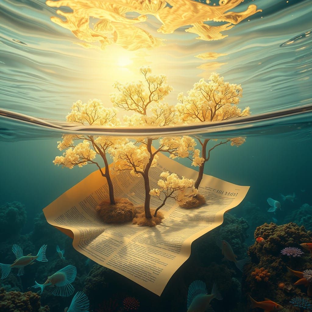 Whimsical Oceanic Dreamscape on Vintage Newspaper