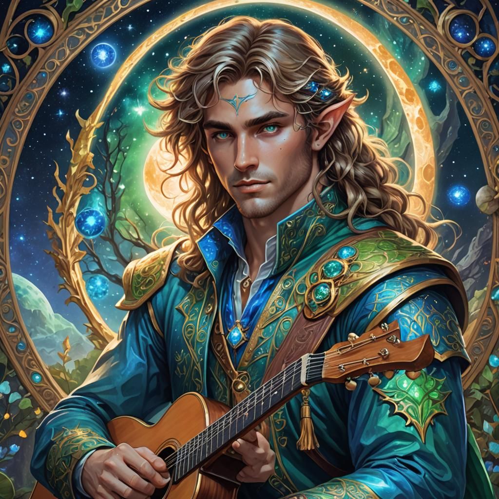 Handsome Moon Elf Bard in Astral Illustration