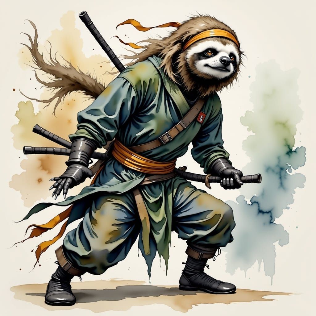 Mysterious Ninja Sloth in Watercolor Ink