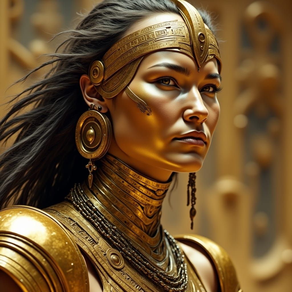 Cleopatra in Gold Exosuit with Digital Hieroglyphs