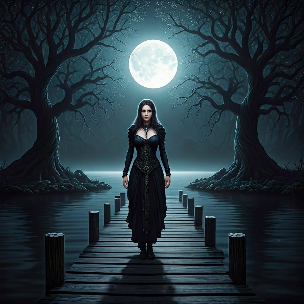 Ethereal Woman in Moonlit Lake Scene, Dark Fantasy Masterpie...