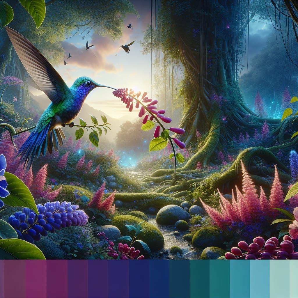 Hummingbird Feeds in Dreamy Enchanted Forest