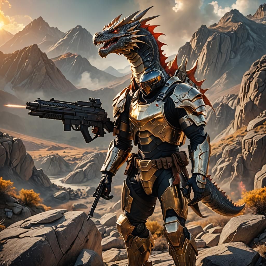 Hyperrealistic Soldier on Rocky Terrain in Golden Light