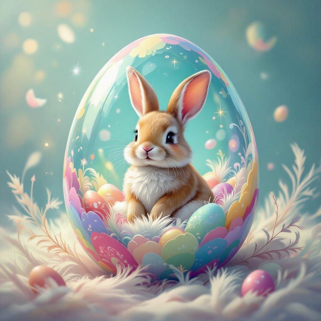 Whimsical Easter Bunny in a Colorful Easter Egg Scene