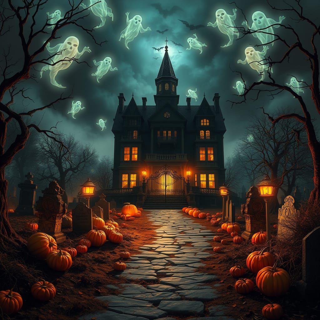 Surreal Halloween Scene in Warm, Golden Light
