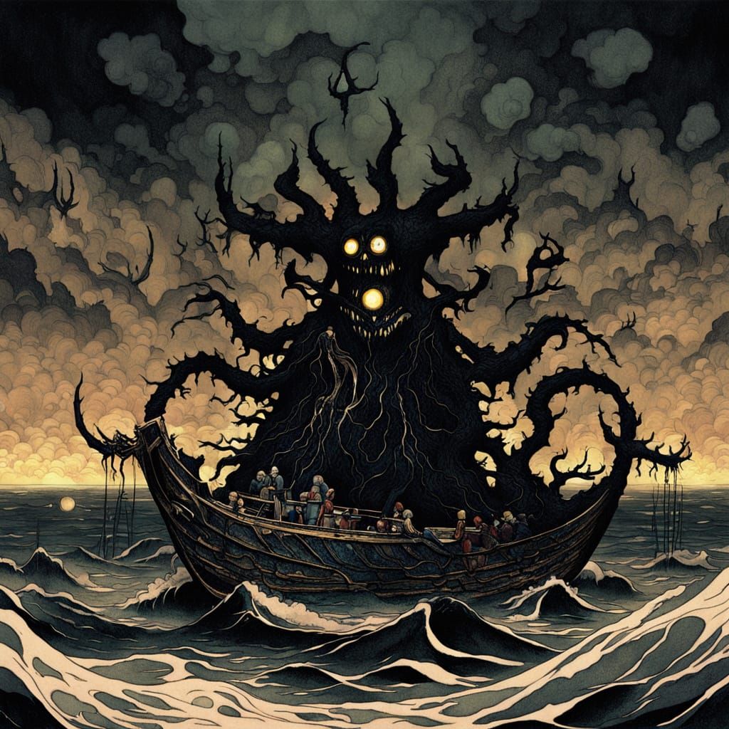 Tiny Hokussai Fishing Boat Confronts a Twisted Black Sea Mon...