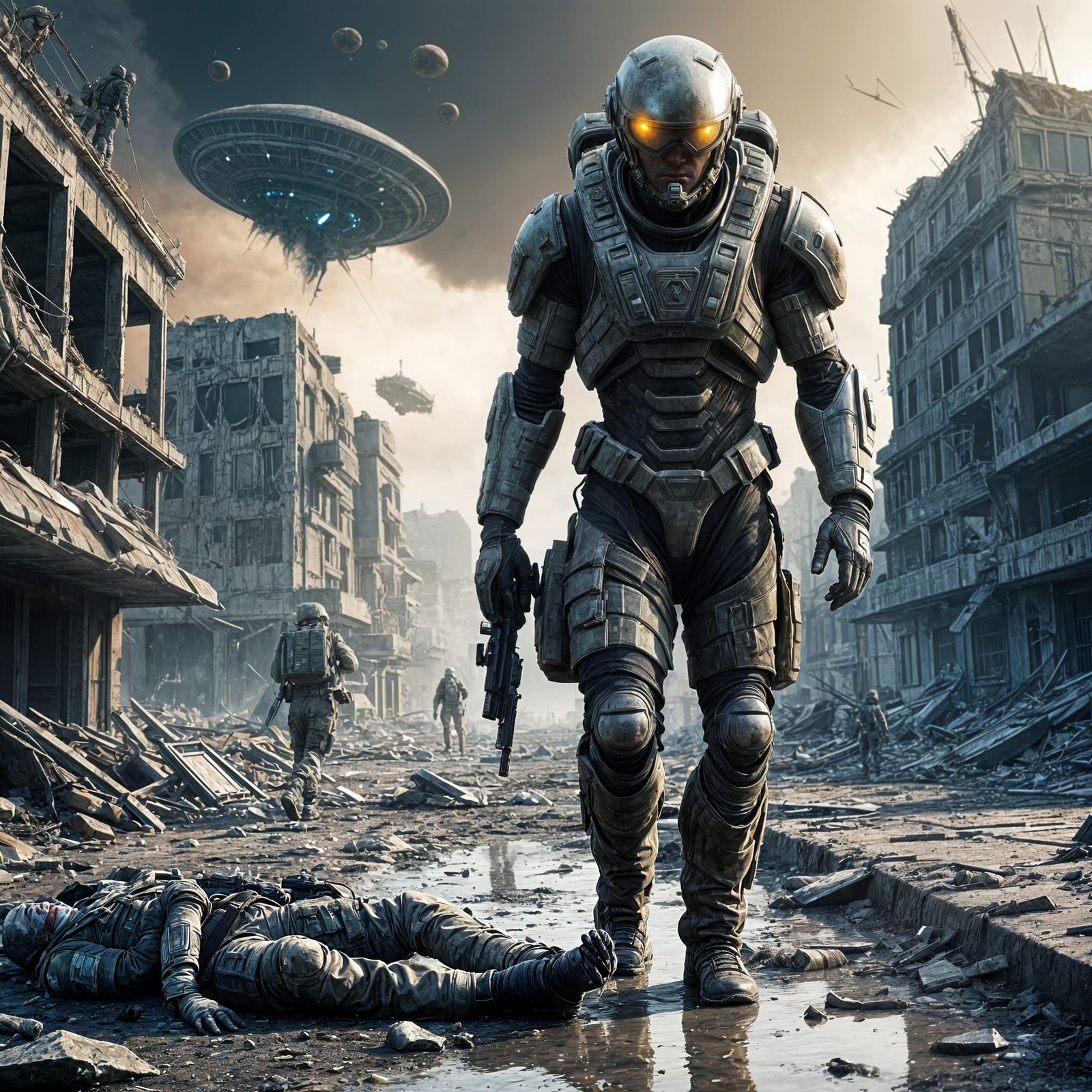 Futuristic Soldier Battles in Ruined Alien City