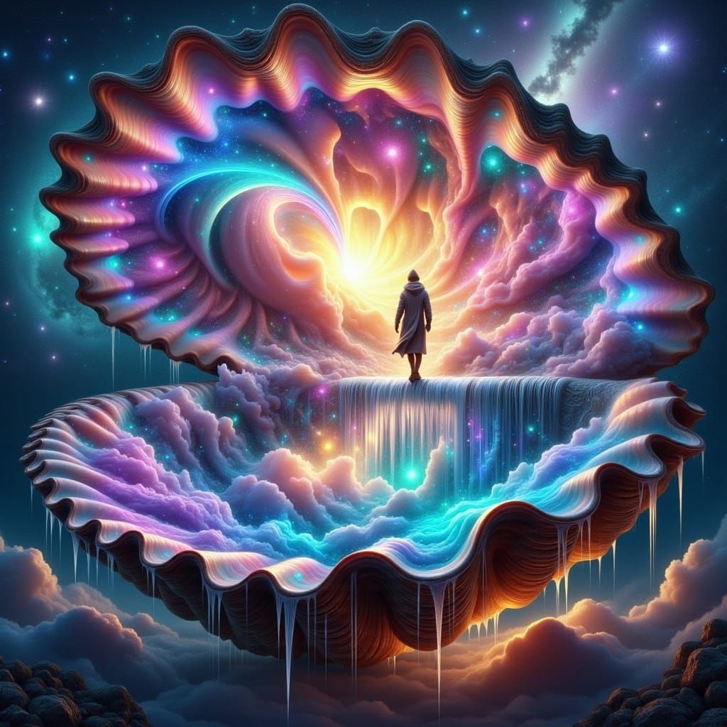 Galactic Seashell Waterfall in a Dreamlike Style