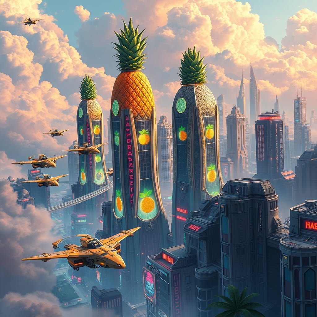 Tropical Cyberpunk Cityscape with Pineapple Skyscrapers