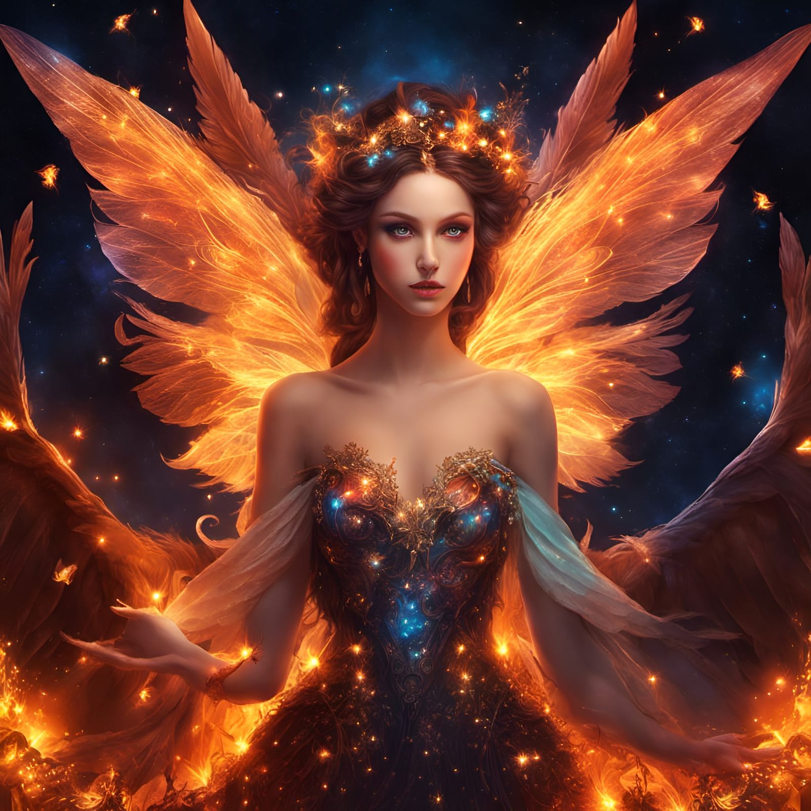 Winged Woman with Fairies in a Firey Fantasy