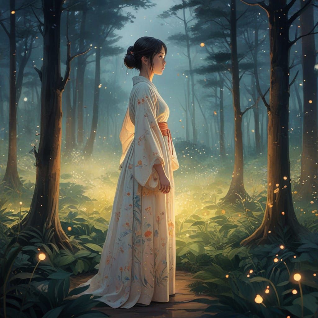 Dreamy Watercolor Girl in Whimsical Forest