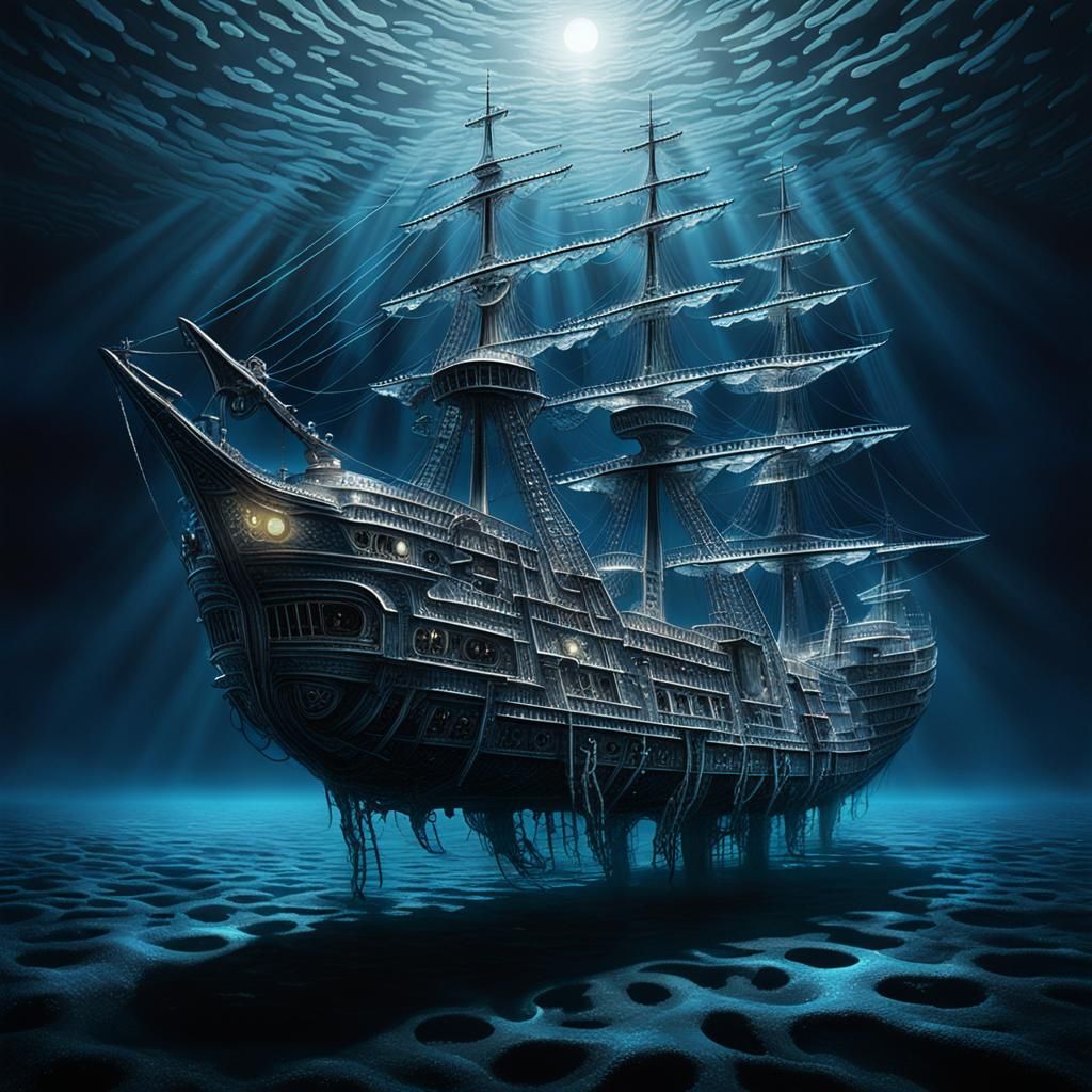 Silver Ghost Ship in Bioluminescent Ocean
