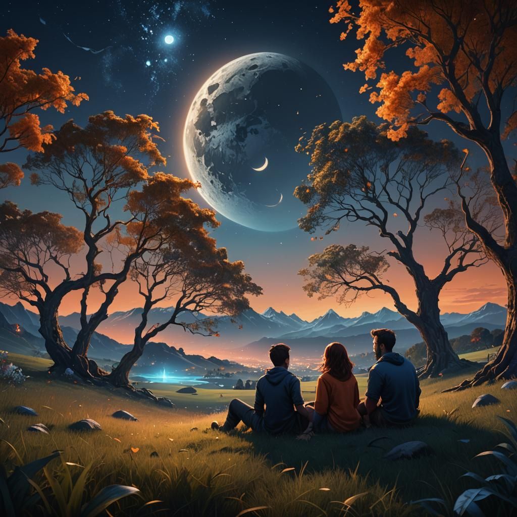 Romantic Couple Under Moonlight in High Fantasy Style