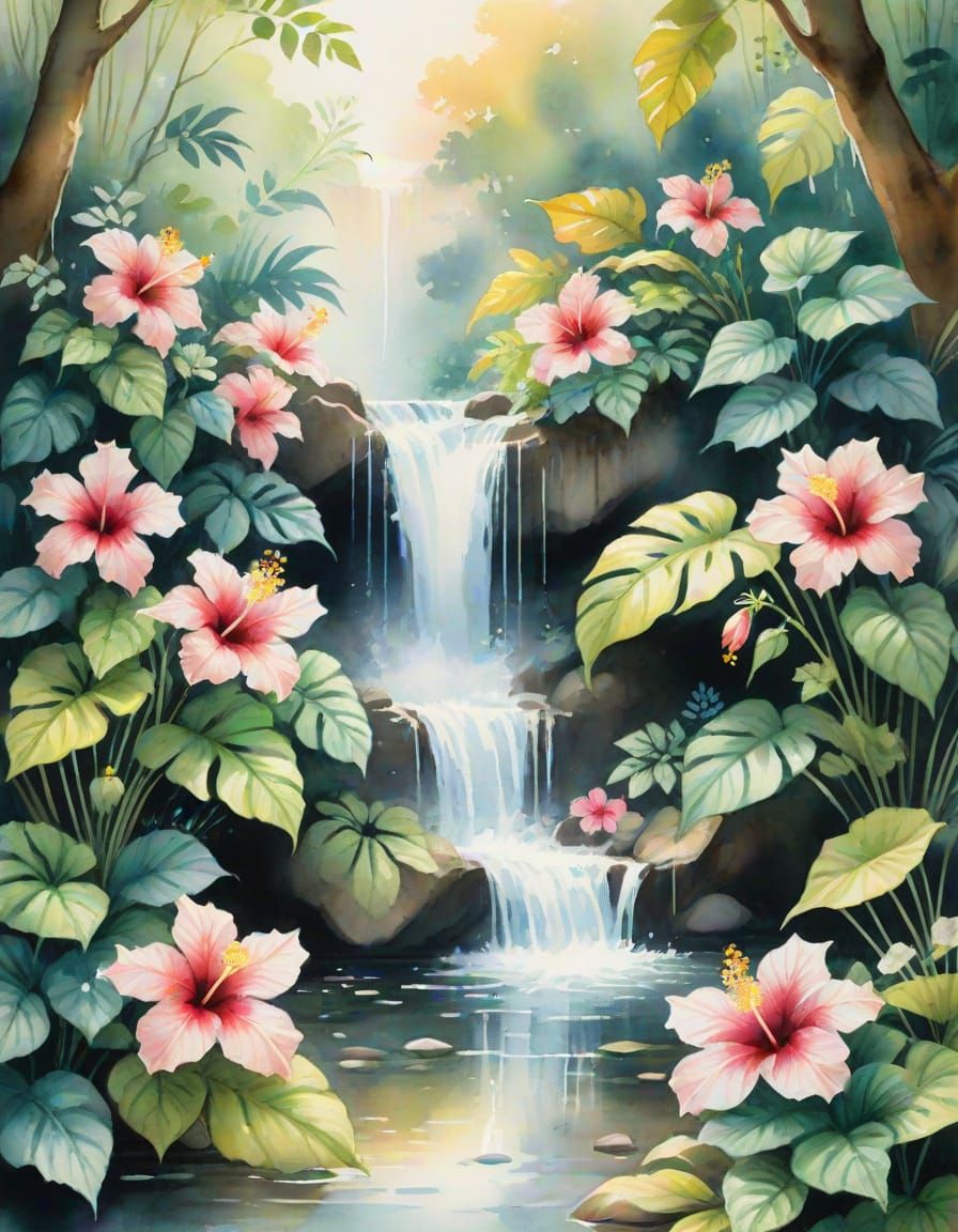 Hidden Waterfall in Watercolor Splash Art Style