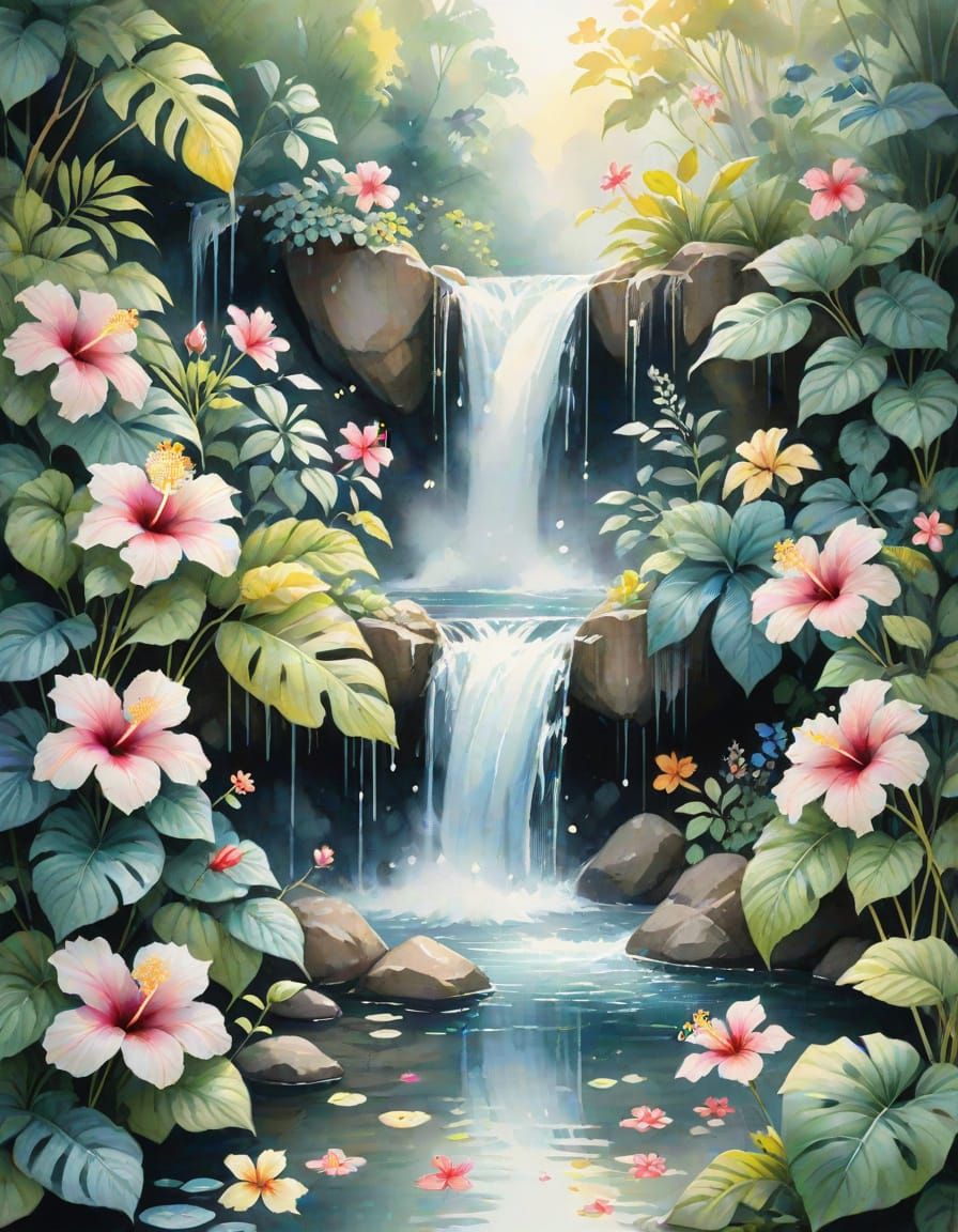 Watercolor Waterfall with Hibiscus Flowers in Impressionist ...