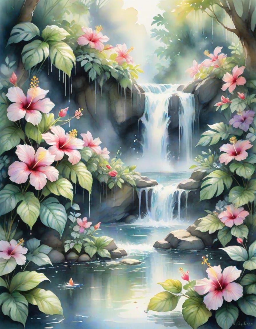 Watercolor Waterfall with Hibiscus Flowers