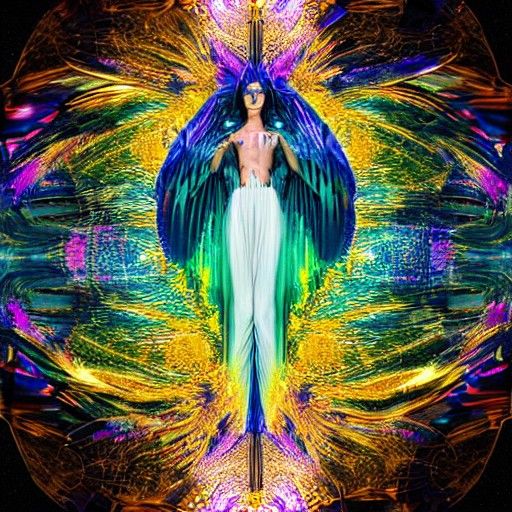 datamosh, Graceful Midnight Angel of God + elegant details + divine fantasy aesthetic + epic cinematic view + high detai...