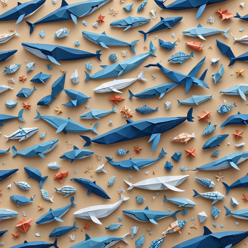 Blue Whale and Calf in Origami Papercraft Style