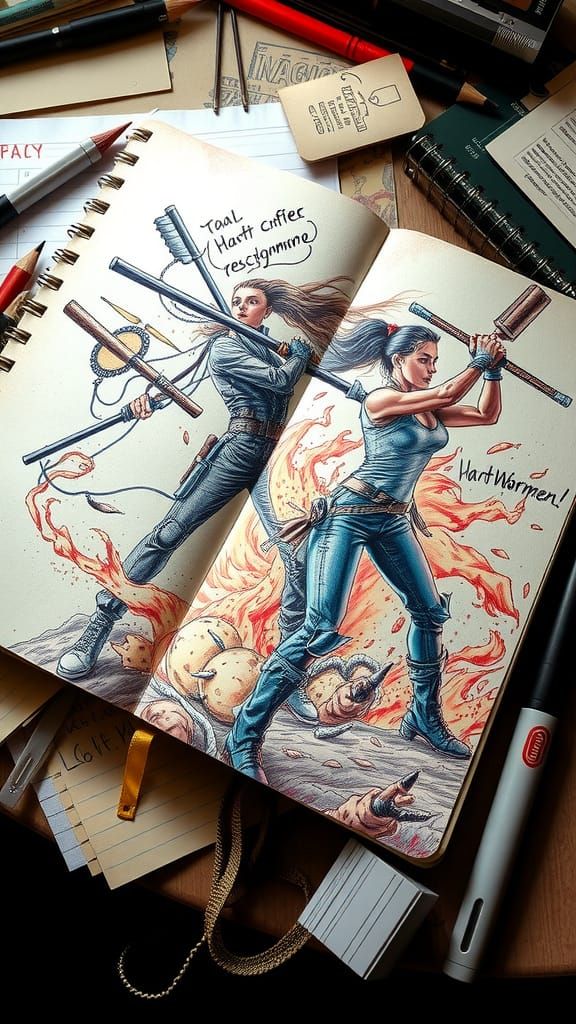 Vibrant Warrior Women Doodle in a Worn Notebook