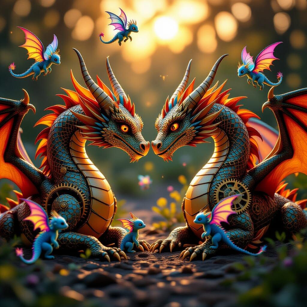 Majestic Clockwork Dragons Kissing in Golden Hour Light
