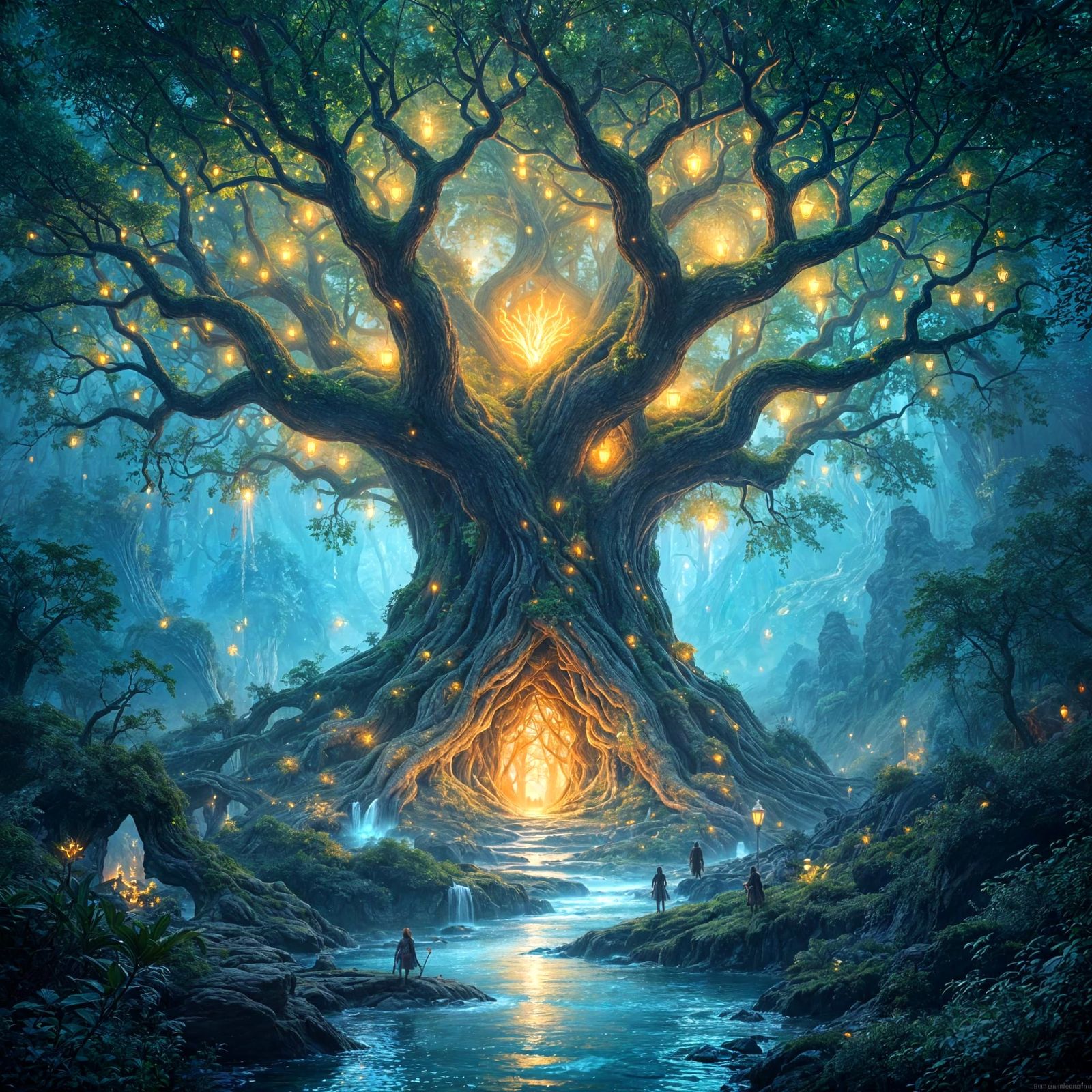 Bioluminescent Tree Illuminates Mythical Grove in Fantasy Ar...