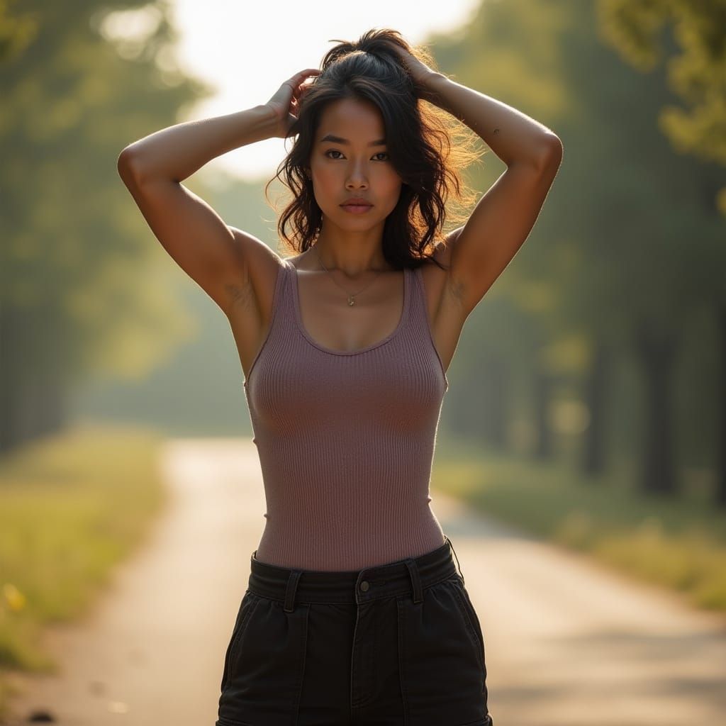 Young Woman Tying Hair in Soft Morning Light