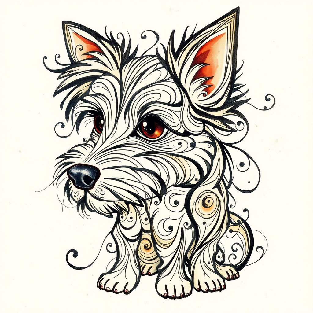 Calligraphic Canine Creature in Mixed Media Style
