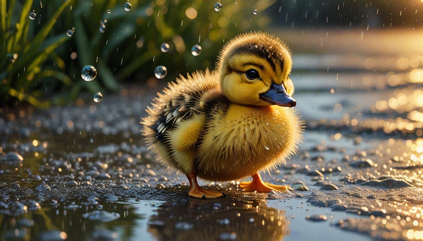Cute Duckling Walks in Rain: 3D Digital Art