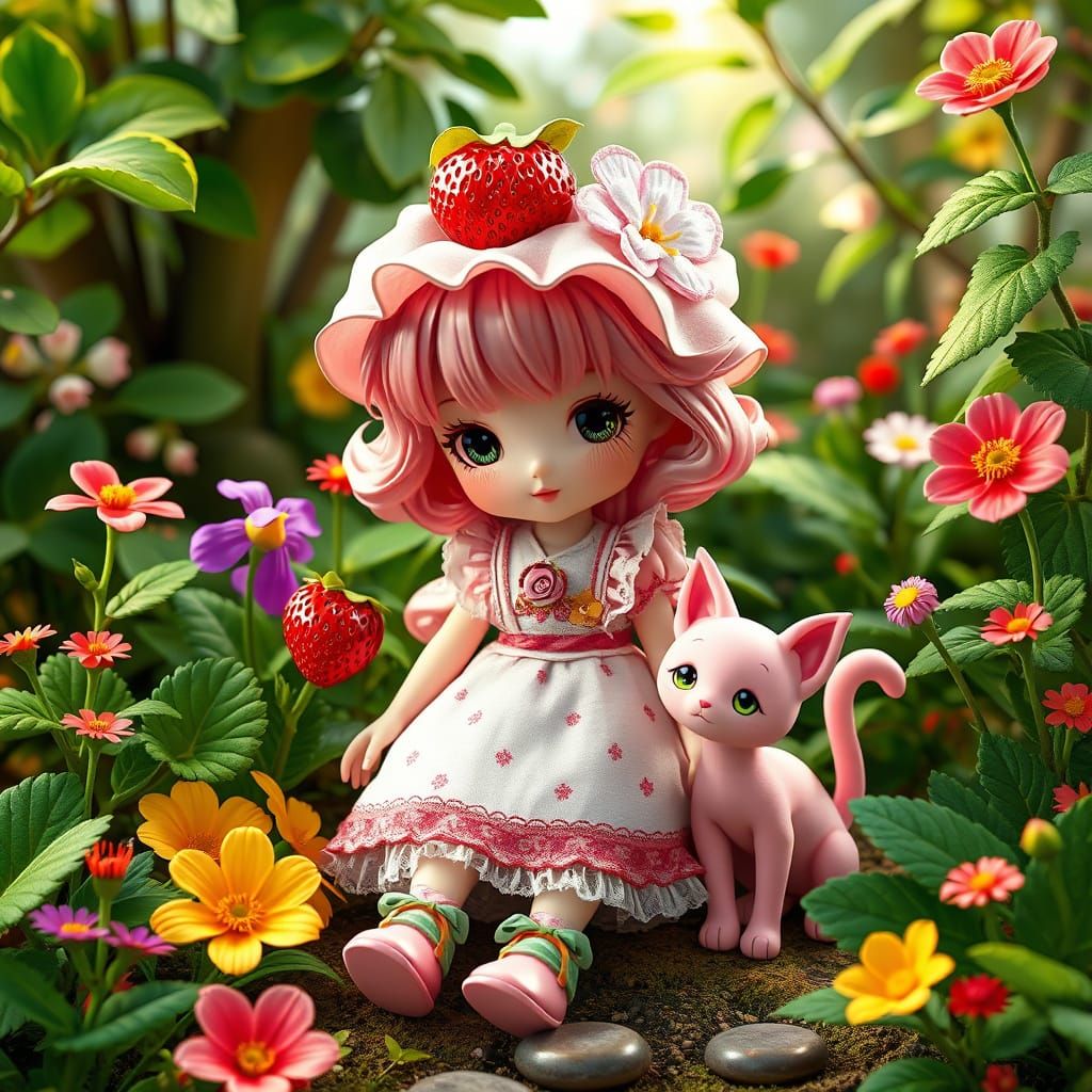 Whimsical Strawberry Shortcake in a Lush Anime Garden