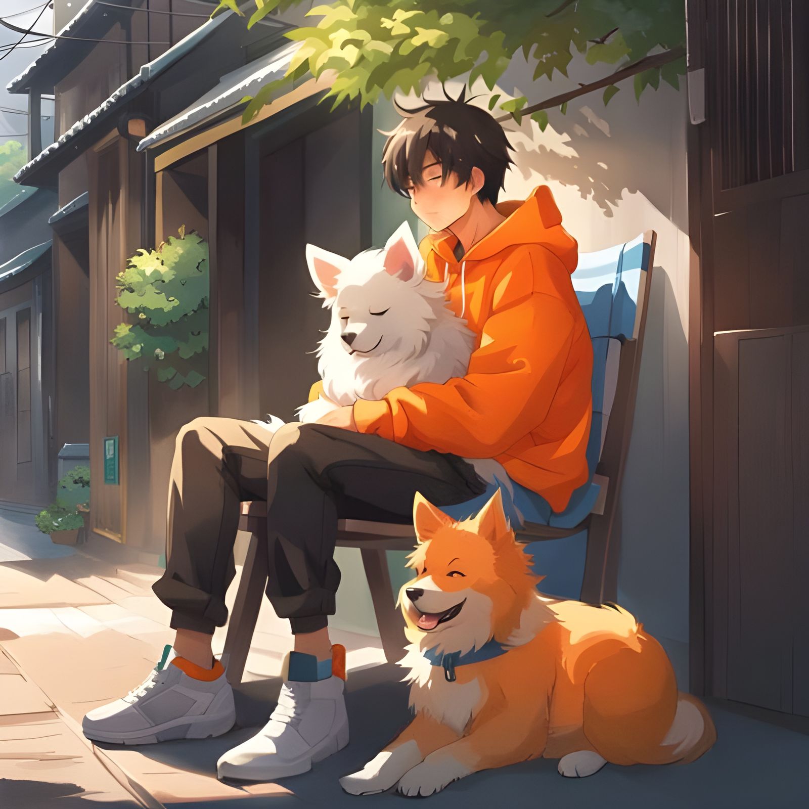 Man and Dog Napping in Japanese Manga Style