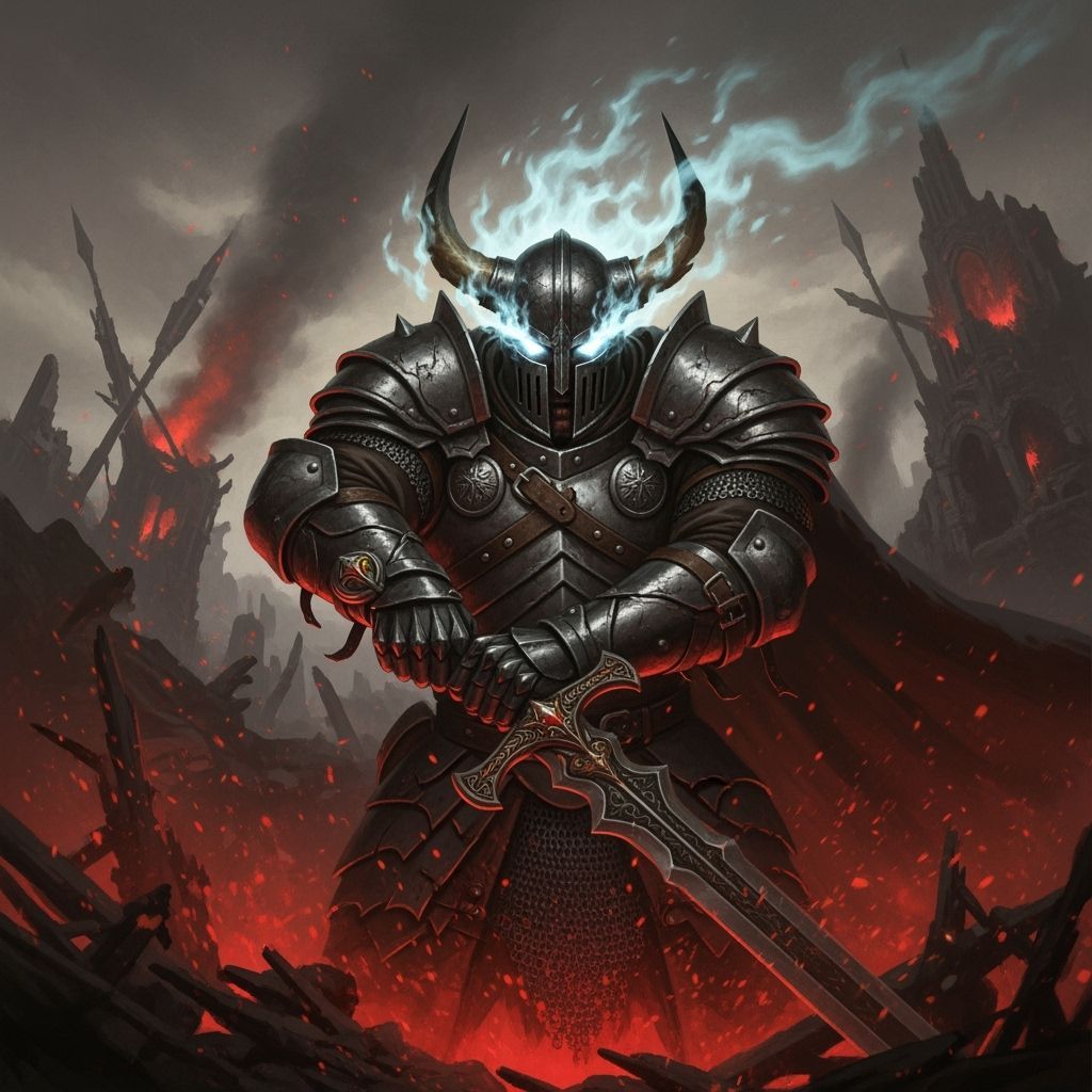 Armored Warrior in Apocalyptic Landscape, Dark Fantasy Art
