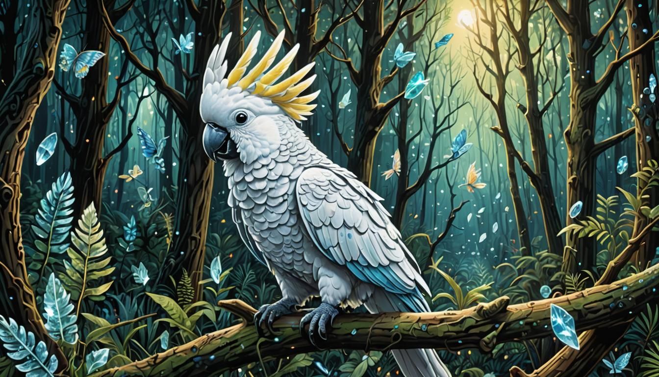 Bioluminescent Cockatoo Spirit Animal in Crystal Forest