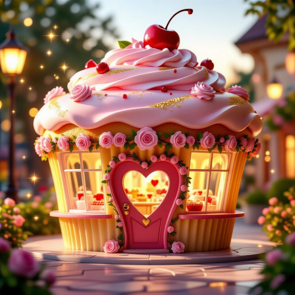Magical Cupcake Cafe at Golden Hour, Digital Art